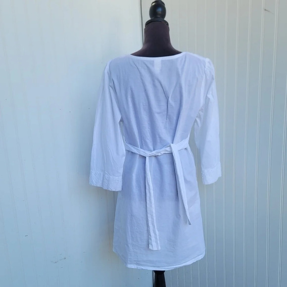 SWIM SYSTEMS 3/4 Sleeve Cover Up DRESS V-Neck Tie White Cotton Beaded Size L - Picture 5 of 13